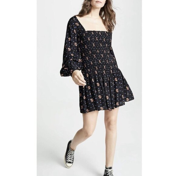 Free People Mini Dress Medium  Black Blue Long Sleeves - Picture 5 of 13